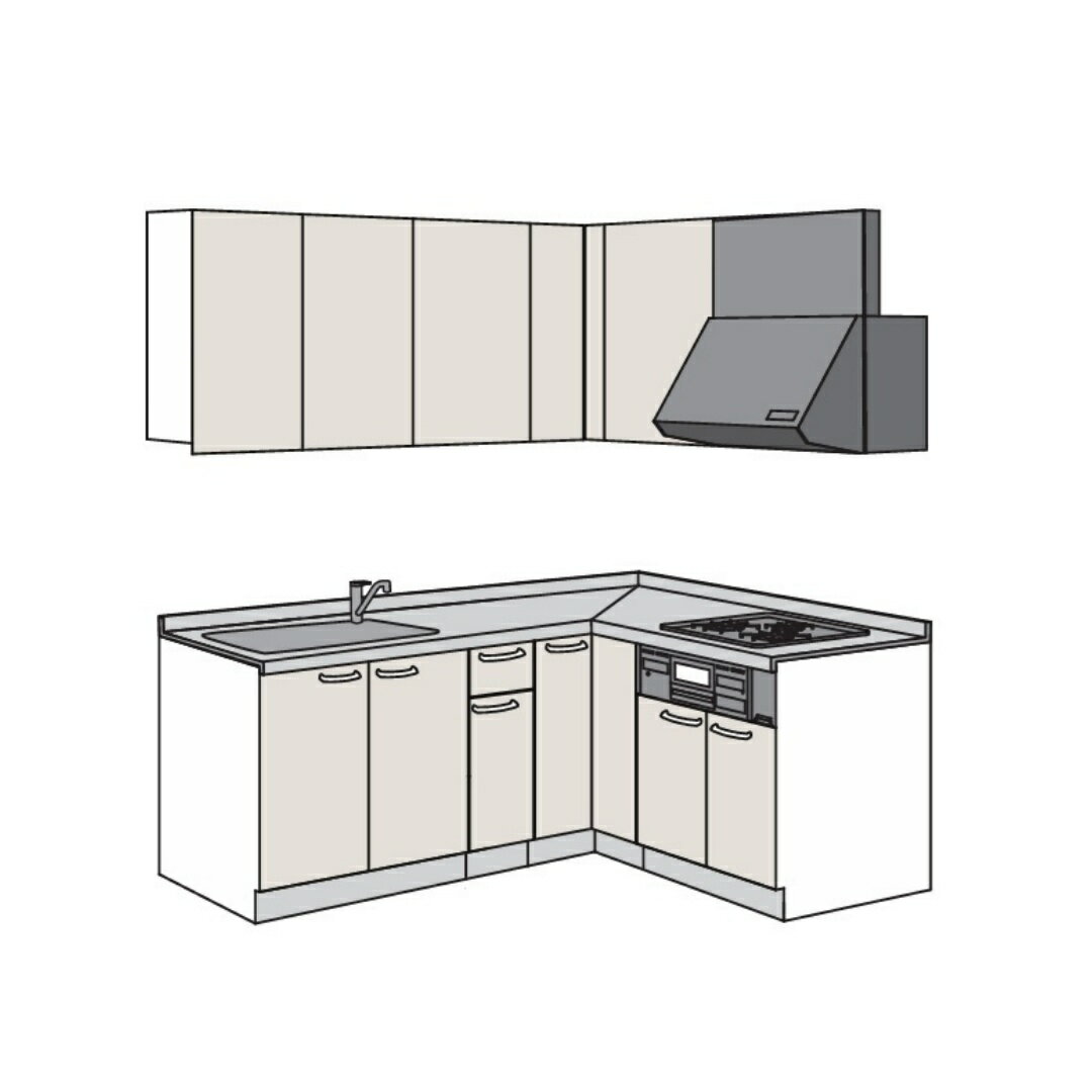 システムキッチン 開口195×165cm ハウステック L型 ガスコンロ 壁付け 収納カウンター 奥行65cm キッチンリフォーム ガスコンロ 開き扉タイプ 扉B 吊戸棚 ワークトップ キャビネット 一戸建て 水栓 レンジフード シンク 照明付き 送料込み カタログP86