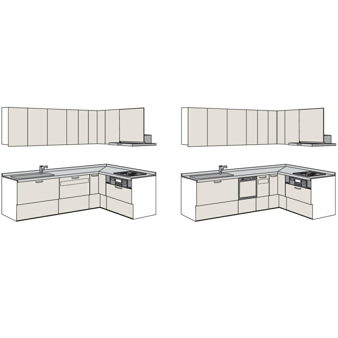 システムキッチン 開口255×180cm ハウステック L型 ガスコンロ 壁付け 収納カウンター 奥行65cm キッチンリフォーム ガスコンロ ブルモーションスライド 扉B 吊戸棚 ワークトップ キャビネット 一戸建て 水栓 レンジフード シンク LED照明付き 送料込み カタログP90