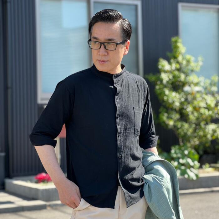 Rakuten - スタンドカラー7分袖シャツ（ブラック）　黒　春夏　クレープ地　涼しい　軽い　シワになりにくい　サラサラ　涼しい　40代　50代