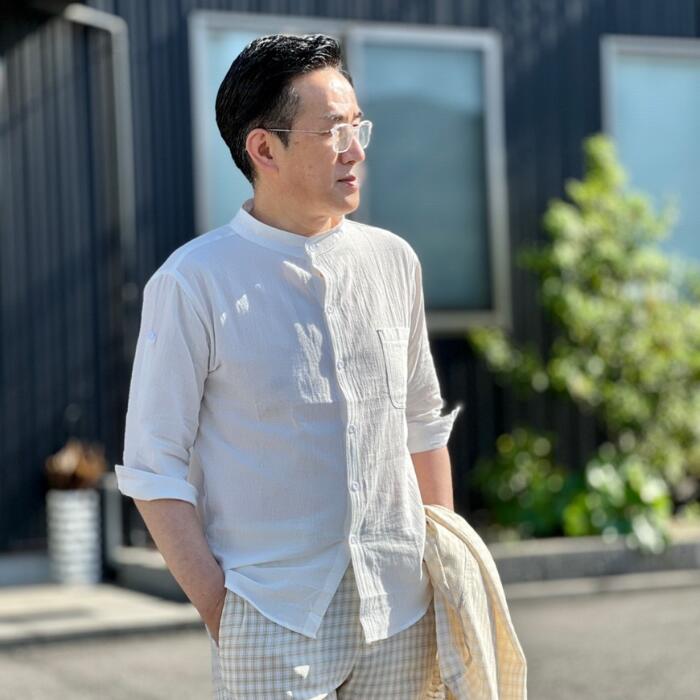 Rakuten - スタンドカラー7分袖シャツ（ホワイト）　白　春夏　クレープ地　涼しい　軽い　シワになりにくい　サラサラ　涼しい　40代　50代