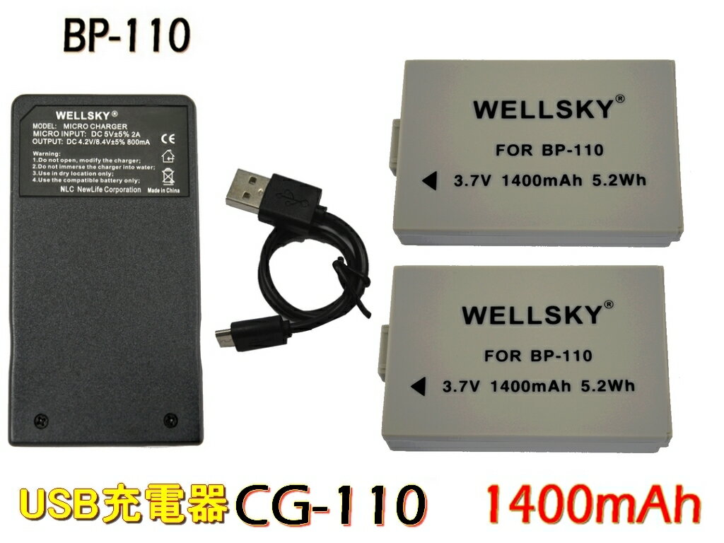 BP-110 互換バッテリー 1100mAh 2個 ＆ 超軽量 USB Type-C 急速 互換充電器 バッテリーチャージャー CG- 110 個 3点セット 残量表示可能 純正品と同じよう使用可能 Canon キヤノン iVIS アイビス HF R20 / HF R21 / HF R26 / HF R28 / HF R200 / HF R206