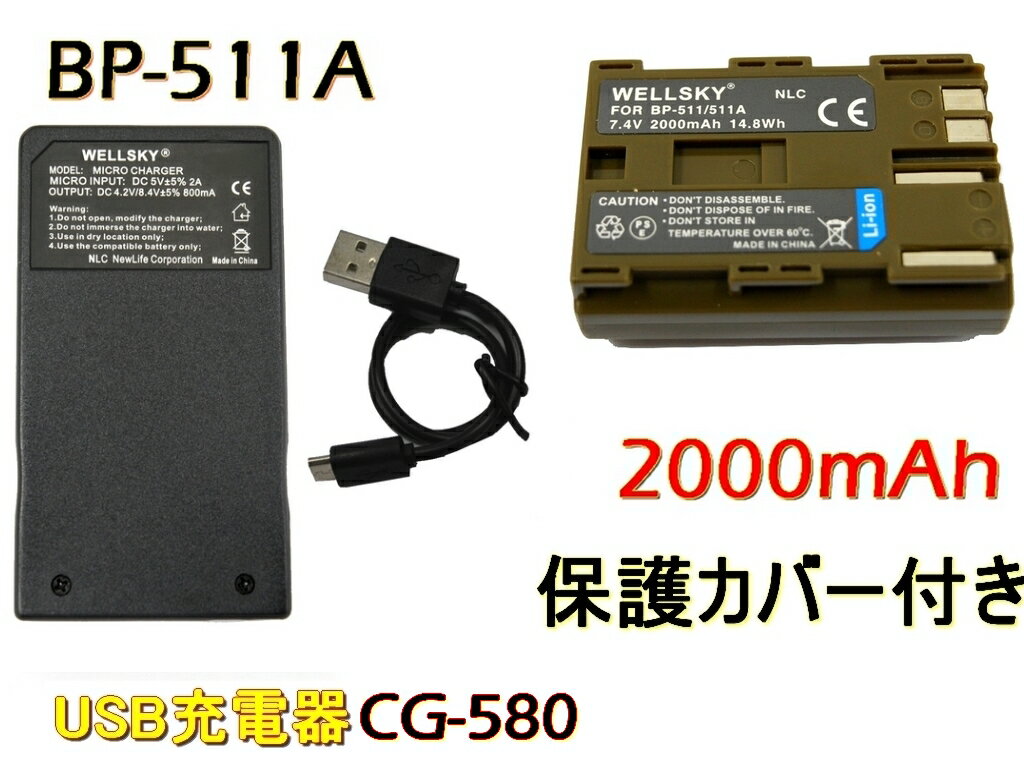 BP-511 BP-512 BP-511A BP-514 互換バッテリー 1個 ＆ 超軽量 USB Type C 急速 互換 充電器 バッテリーチャージャー CG- 580 1個 2点セット 純正品と同じよう使用可能 残量表示可能 Canon キヤノン イオス EOS 20Da EOS D30 EOS 30D EOS 40D EOS-D60 BG-E2N