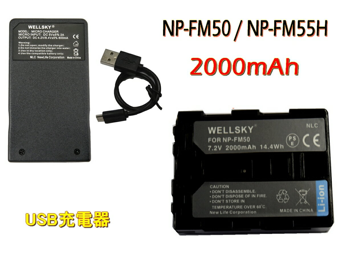 NP-FM50 NP-FM55H 互換バッテリー 1個 超軽量 USB Type C 急速 互換充電器 バッテリーチャージャー BC-VM10 1個 2点セット 純正品と同じよう使用可能 残量表示可能 SONY ソニー DSLR-A100W /α100 / HDR-HC1 / HDR-UX1 / HDR-SR1 / DCR-HC88