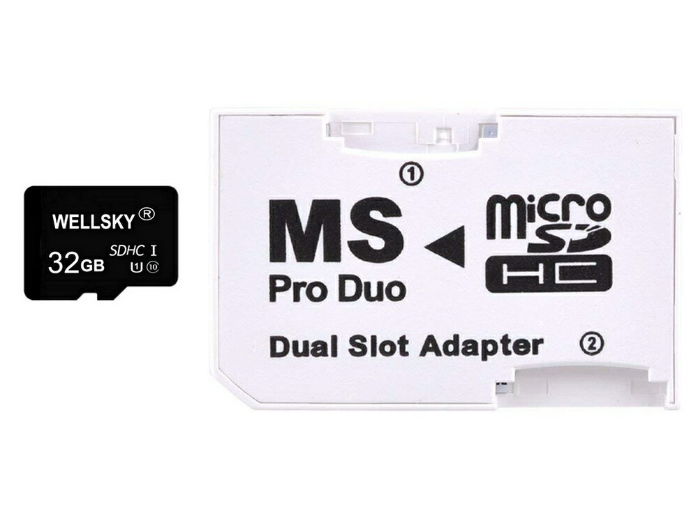 ■ ■ ■セット内容 ■ ■ ● micro SDHC UHS-I U1 Class10 32GB 1枚 ● メモリースティック ProDuo 変換アダプター 1枚 ※メモリースティック ProDuo 変換アダプター 対応メモリカード： ・micro SD 256MB〜2GB ・micro SDHC 4GB〜32GB ・micro SDXC 64GB〜256GB ●対応機種： パソコン・デジカメ・PSP・PS3などメモリースティックProDuoスロットを搭載するデバイス機器 ■ ■ ■特長 ■ ■ ●高精細画像や高画質動画など容量の大きなデータを記録できるメモリースティックPROデュオ。より高画質に、より長時間の記録が可能になりました。 ●MARK2ロゴはAVCHD記録に対応したメモリースティックに付与された上位版です。 ●MADE IN JAPAN 東芝製チップを搭載しています。 ●保証期間：一年です。 ●挿抜耐久回数：10,000回以上 ●収納ケース付き ■ ■ ■仕様 ■ ■ ・サイズ：縦20×横31×厚さ1.6mm ・動作電圧：2.7〜3.6V ・動作環境温度：-25（13°F）〜85°C（185°F） ・重量：2g ■ ■ ■注意事項 ■ ■ ※他の商品と同梱可能 ●変換アダプターについては、 ・1枚のみでも動作可能ですが、2枚利用する場合は、PSPなどの利用機器でフォーマット、或はSDFormatterというソフトでフォーマットしてからご利用ください。※SDFormatterはSD Associationウェブに無料ダウンロードできます。 ・フォーマットしないで直接利用する場合、利用機器により片側のみ認識する場合があります。一旦、2枚を挿しフォーマット後、1枚のみを利用する場合は再フォーマットが必要となります。 ・1枚のみ使用時、[1]に挿してください。 ・マジックゲートは非対応となります。 ・著作権のある音楽、映像、番組等に使用できない場合がございます。 ●著作権の保護されていない音楽・映像・写真がPSPに転送方法につきましては、 1、PSPを直接にUSBに繋がらないで、【カードリーダー】を使用してパソコンからメモリースティックに転送してください。 2、転送したい音楽/映像/写真は、メモリースティックの「MUSIC」/「VIDEO」/「PICTURE」というフォルダにそれぞれコピーしてください。「MUSIC」/「VIDEO」/「PICTURE」というフォルダがなければ、メモリースティックに作成してください。 ※「MUSIC」/「VIDEO」/「PICTURE」は半角大文字で入力してください。 ※PSPでメモリースティックをフォーマットしたら、自動的に「MUSIC」/「VIDEO」/「PICTURE」フォルダが作成されます。　