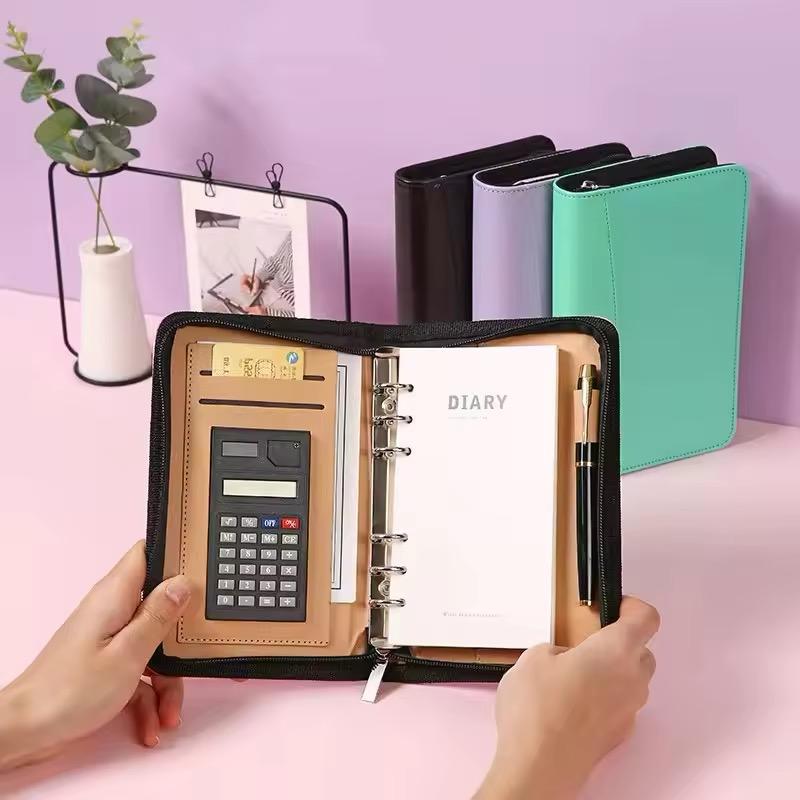 ☆多機能手帳☆ A6サイズ ビジネス手帳 電卓 カード入れ ファスナー 領収書ポケット ...
