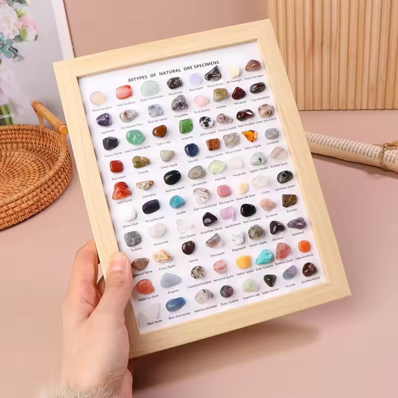 ☆80種類入り☆ 天然石コレクション 天然鉱石 標本 フレーム入り 石造 宝石 鉱物 額縁 クリスタル インテリア