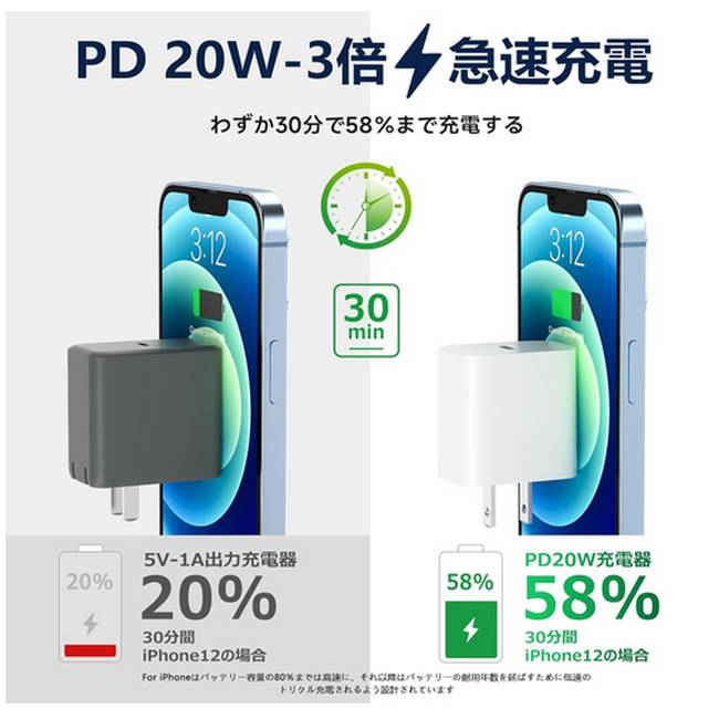 Apple iPhone SE / 14 / 13 / 12 シリーズ 対応 Lightning 充電器 PD 20W ACアダプタ + C to Lケーブル [1.8m] 付き 急速充電 充電セット 安心のPSE認証品 アイフォン ライトニング 充電器 ■ 3