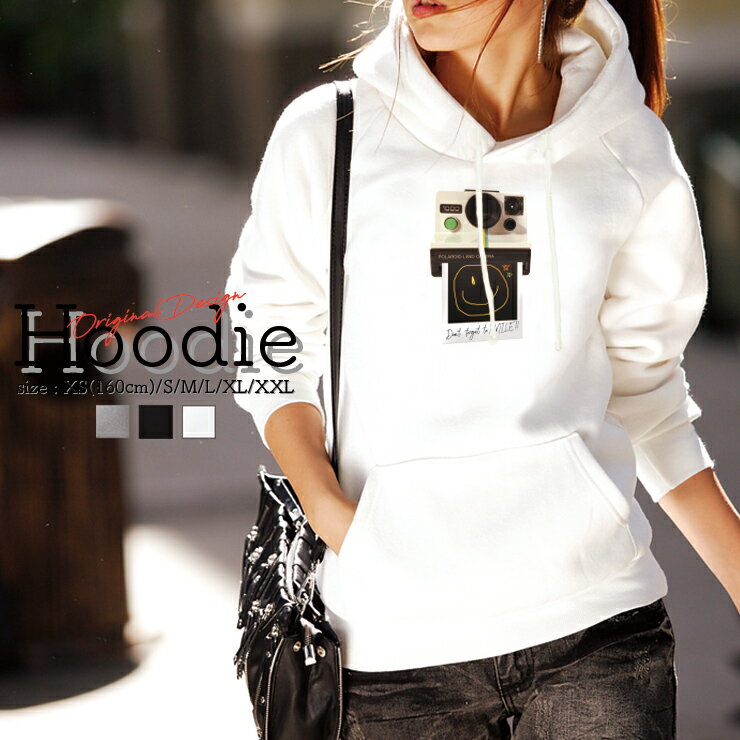 パーカー レディース メンズ スウェット パーカー プルオーバー hoodie 長袖 フード付き プルオーバー ペア カップル XS S M L XL XXL おしゃれ 大人かわいい ポラロイド カメラ 写真 スマイル ニコちゃん メッセージ 言葉