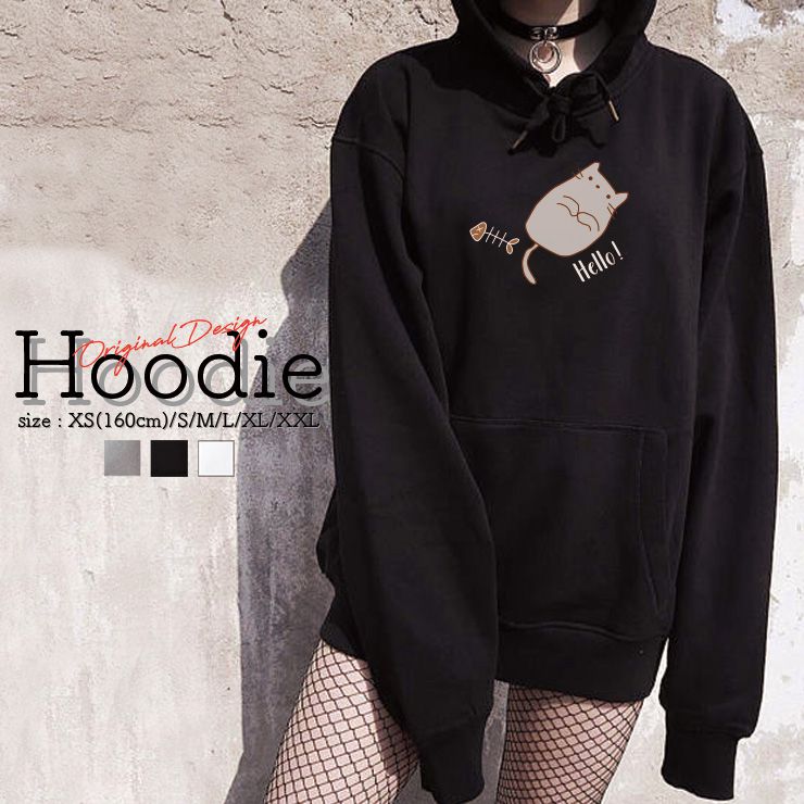 パーカー レディース メンズ スウェット パーカー プルオーバー hoodie 長袖 フード付き プルオーバー ペア カップル XS S M L XL XXL おしゃれ 大人かわいい 猫 ネコ ねこ ゆるキャラ お魚の骨 HELLO!