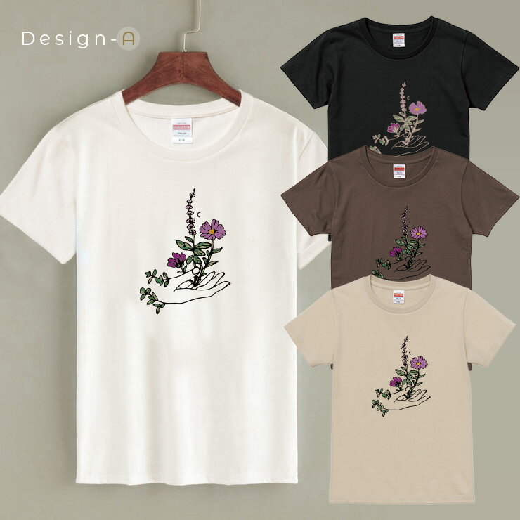 Tシャツ トップス 半袖 インナー レディース 韓国 ファッション カットソー おしゃれ 大人 かわいい 重ね着 コーデ イラスト デザイン カップル 花 flower hand 手 小花 ひまわり 綿100%で肌に優しい しっかり厚手で 下着が透けにくい