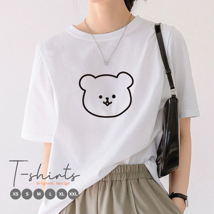 Print - Tシャツ レディース メンズ クルーネック 丸首 綿 半袖 カットソー 大人 かわいい オシャレ かっこいい ペア カップル おそろ ユニセックス 韓国 流行 シンプル 個性派 韓国 イラスト らくがき くま