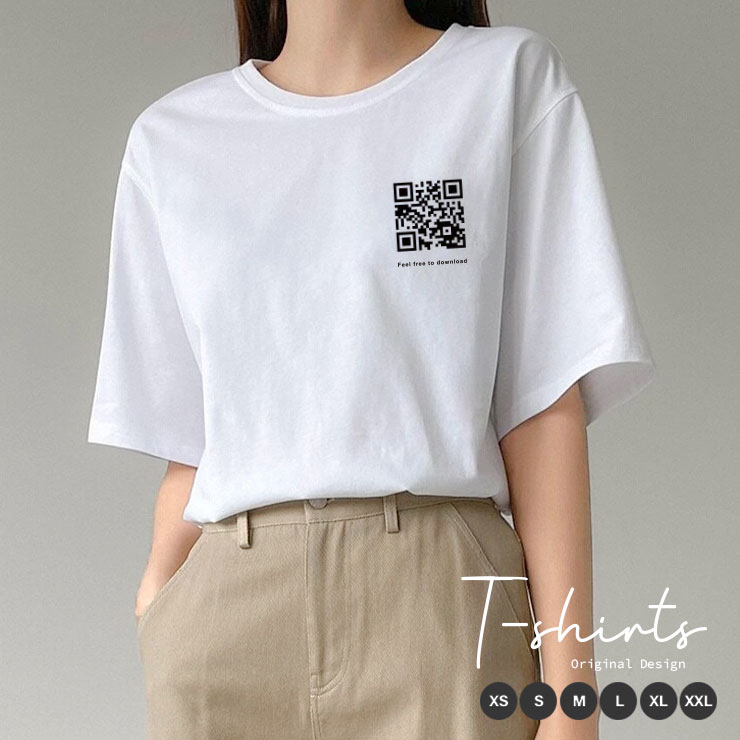 Print - Tシャツ レディース メンズ クルーネック 丸首 綿 半袖 カットソー 大人 かわいい オシャレ かっこいい ペア カップル おそろ ユニセックス 韓国 流行 シンプル QRコード おもしろ かっこいい デザイン