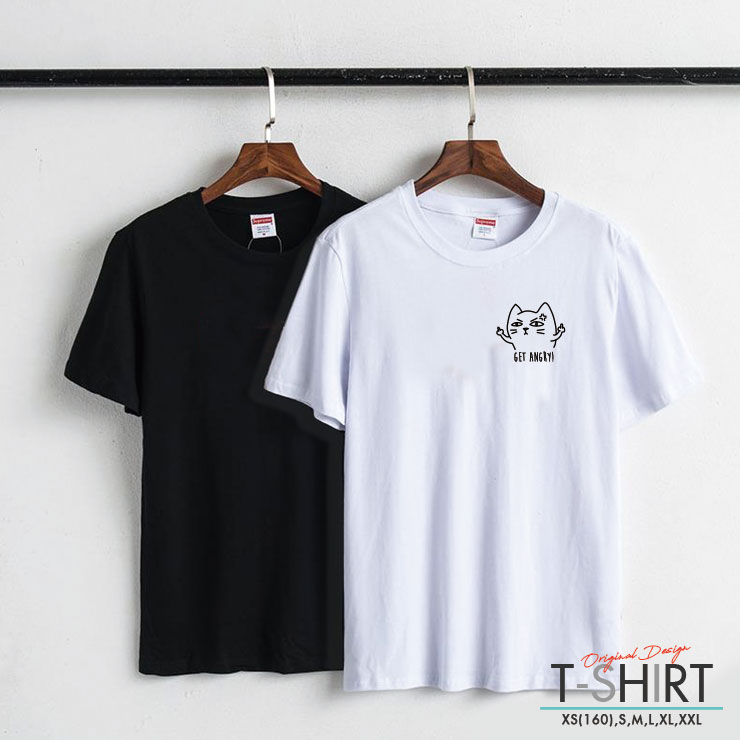 Print - Tシャツ レディース メンズ クルーネック 丸首 綿 半袖 カットソー 大人かわいい オシャレ かっこいい ペア カップル おそろ リンクコーデ 猫 ネコ ワンポイント 怒る猫 GET ANGRY! イラスト 動物 アニマル