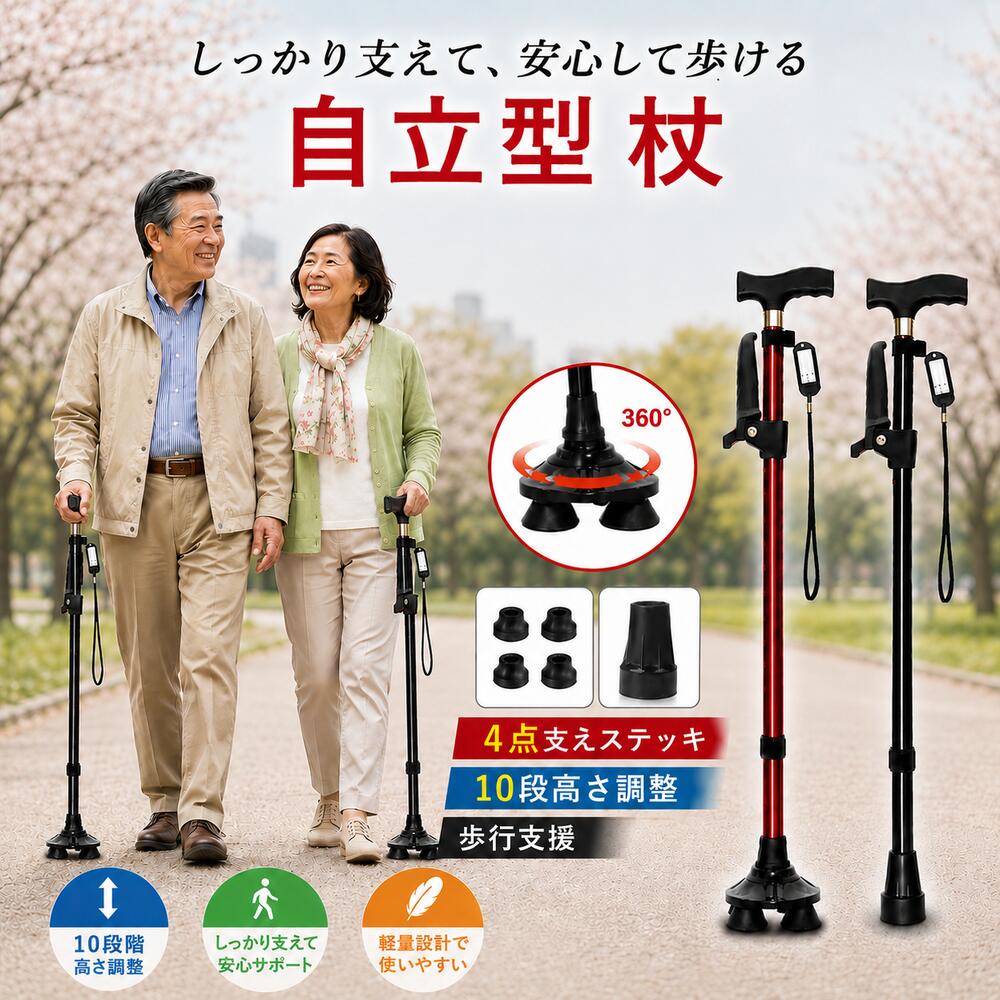 Rakuten - 【最大15%OFFクーポン配布中！】杖 折りたたみ 軽量 自立式 女性 男性 おしゃれ 4点式 4点杖 ストラップ 介護 ステッキ 杖先ゴム 補助ハンドル シンプル 高齢者 男女兼用 長さ調整 伸縮 歩行補助 つえ プレゼント ギフト