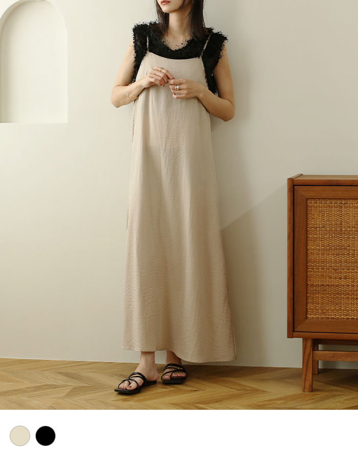 《対象クーポンで50％off》キャミワンピース ワンピース レディース ロング キャミ リネンライク ギャザー レイヤード ライトベージュ チャコールグレー 春 夏 秋 ノアル noahl 240601のサムネイル