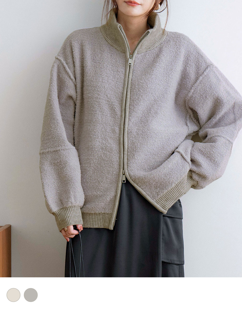 NOAHL｜《60％OFFクーポン対象》Wジップ ブルゾン ニット トップス アウター レディース ジップカーディガン ニットブルゾン ダブルZIP 秋 冬 長袖 アイボリー グレージュ ナチュラル 大人 241127のサムネイル