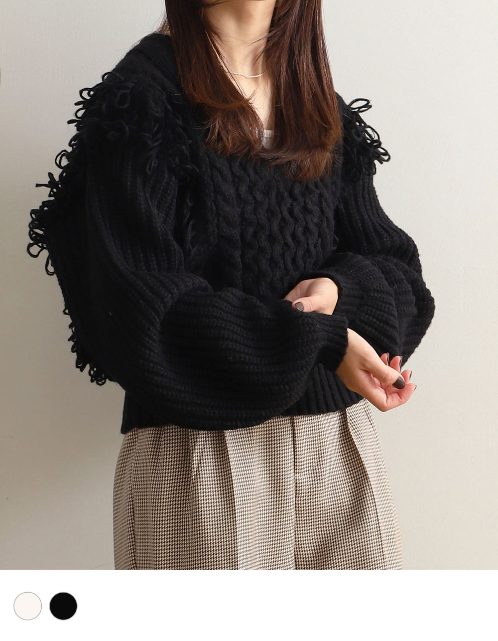 《対象クーポンで60％off》《2buy80％off》Vネック デザインニット ニット トップス レディース プルオーバー フリンジ 長袖 アイボリー スミクロ 秋 冬 ノアル noahl 241127のサムネイル