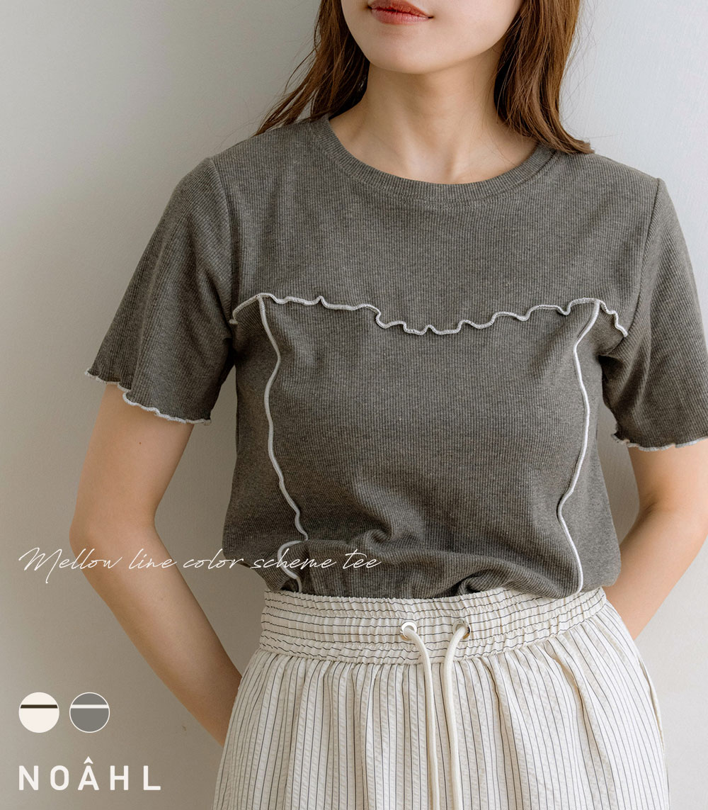 NOAHL｜《80％OFFクーポン対象》【メール便】メロー ライン 配色 Tシャツ レディース トップス カットソー 半袖 パイピング アイボリー モカ グレー 白 茶 春 夏 ノアル 250716のサムネイル