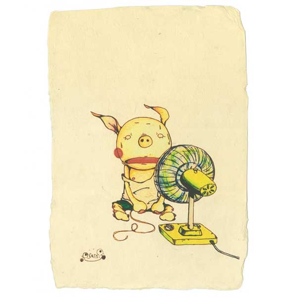 ◇選べる3P¥555対象商品◇KU38 くぼたあさみ アートポストカード(ぶたさん 扇風機)はがき 葉書 事務用品 ハガキ 和紙 カード post card グ...