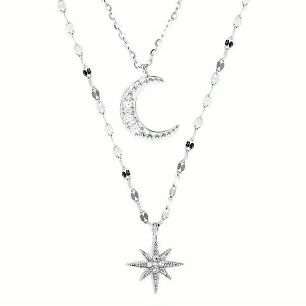【メール便可】星と月のダブルネックレス 星 スター 月 ムーン 三日月 シルバー 可愛い キュート 綺麗 きれい レディース アクセサリー ネックレスの商品画像 2