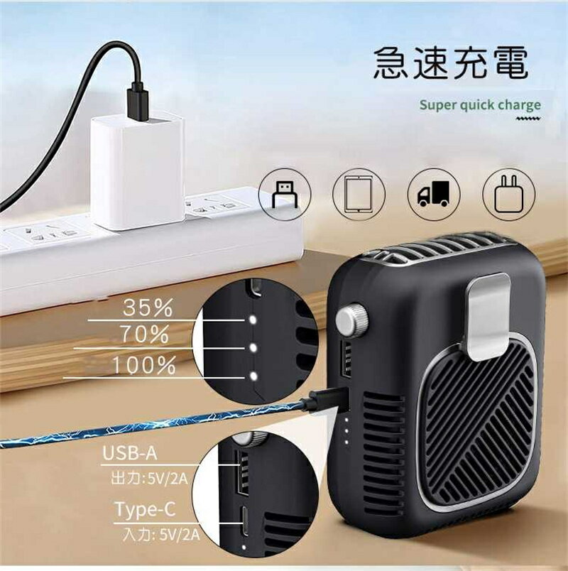 送料無料 5in1 腰掛けファン 風向き調節可能 10000mAh 首掛け・腰掛け・卓上置き コンパクトサイズ ストラップ付きジェットファン アウトドア作業/暑さ対策 3段階調節 ポータブルファンUSB扇風機 工事現場/農作業/釣り