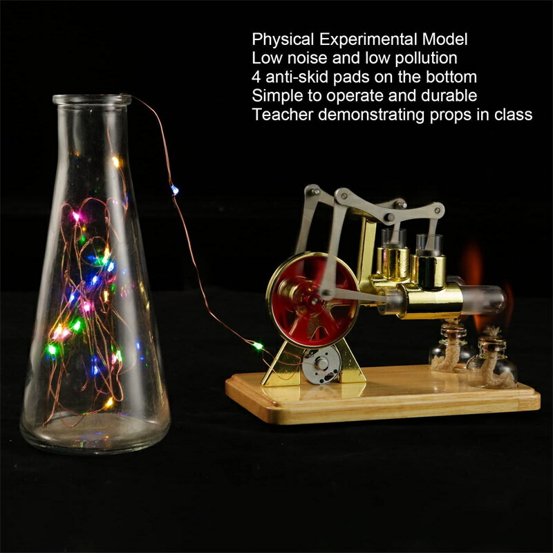 スターリングエンジンモデル、科学物理モデルゴールデン2気筒バランススターリングエンジンモデル教育玩具、熱風スターリングエンジンモーターモデル教育玩具