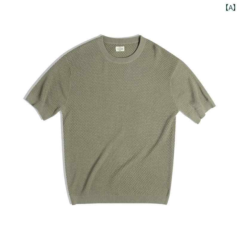 乐天商城 - メンズ トップス アメリカン ライト 大人 レトロ 立体 パイナップル 柄 ニット T シャツ 五分袖 ドレープ 半袖 カミソリ パーティー 春夏