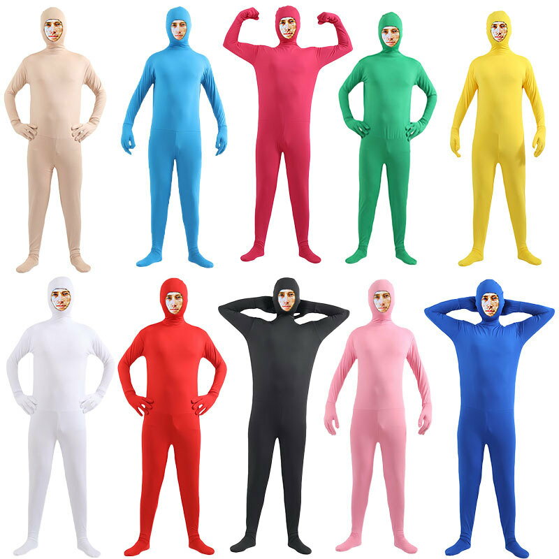 Rakuten - 全身タイツ おもしろい 男性 女性 顔出し コスプレ ハロウィン 10color 伸縮 通気 柔らかい 子供用 大人用 大きいサイズ ハロウィン 仮装 コスチューム 仮装 黒 白 青 肌色 緑 赤 ピンク 紫 イベント パーティー 文化祭