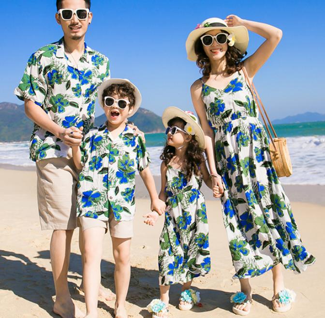 Rakuten - 夏パパママ娘息子家族お揃い　メンズ男の子アロハシャツ＋ショートパンツ上下セットアップ　女性女の子花柄ロングワンピース　人気リゾート風親子ペアルック　カップルペアルック　親子コーデ