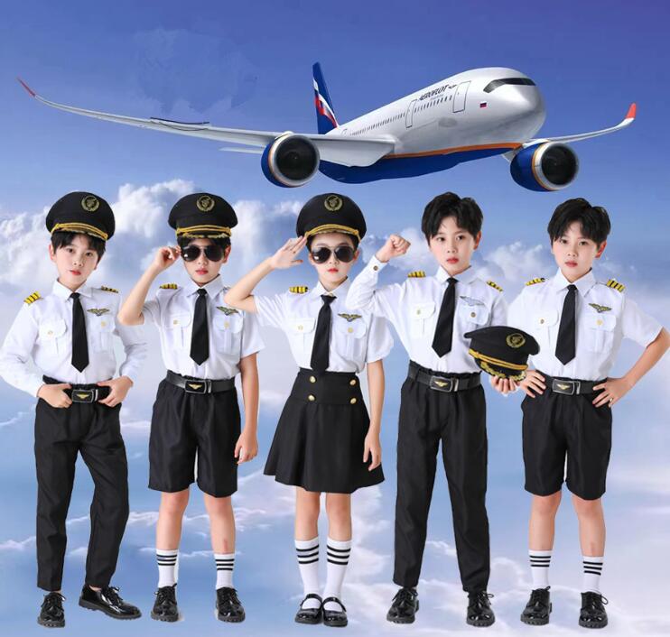 Rakuten - 子供 ダンス衣装 パイロット 飛行士 キャプテン 制服 ポリス コスプレ衣装 キッズ 舞台衣装 ステージ衣装 イベント 発表会 ダンス 演出衣装 女の子 男の子 長袖/半袖 シャツ＋スカート/ズボン 帽子 ネクタイ 靴下 肩章 ワッペン 子供服 カジュアル 学園服 白＋黒 100～180cm