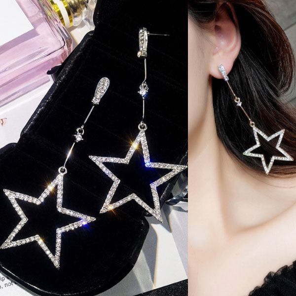 乐天商城 - 【1500円均一】ビッグスター 星 ロングチェーンピアス★キュービック・ジルコニア 揺れる チェーンピアス ロングピアス 揺れるピアス ★レディース パール シルバー925　アレルギーフリー