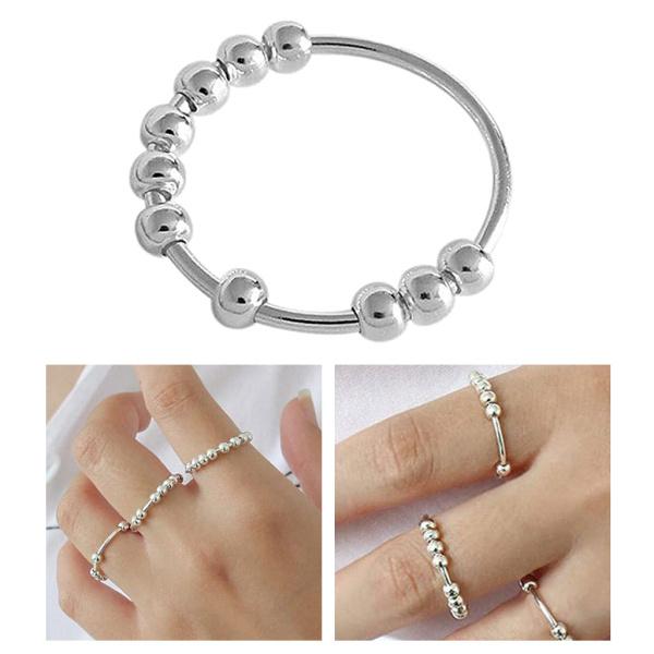 Rakuten - 女性男性用回転可能なシルバーストレスリリーフリングアンチストレス感覚玩具16.1mm