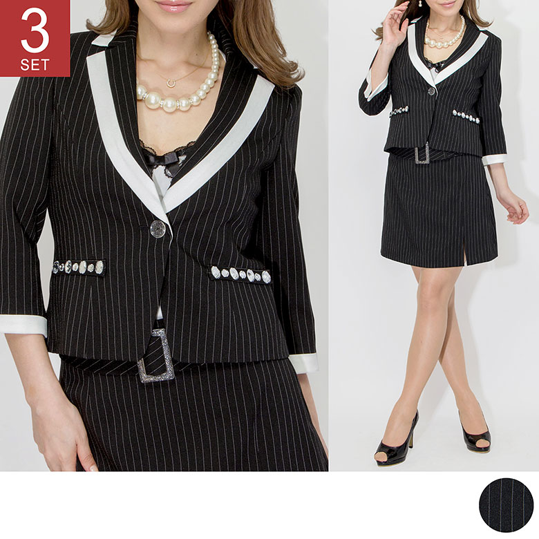 3点セット★ストライプ七分袖ジャケット・ミニスカートスーツセット/コスチューム/小さいサイズ/7号/9号/11号/13号/大きいサイズ/15号/17号/19号/...