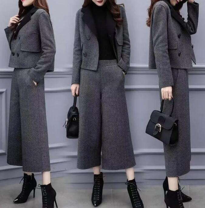 【送料無料】セットアップ パンツスーツ 上下セット 2点セット トップス ウール混 ガウチョパンツ ワイドパンツ スカーチョ ロング パンツ オフィス ビジネス...