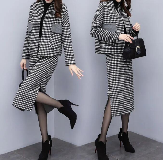 【送料無料】パンツスーツ セットアップ スカート 上下セット 2点セット 千鳥格 トップス ウール混 ドレス タイト ロング ジャケット アウター 春 秋 冬 ...