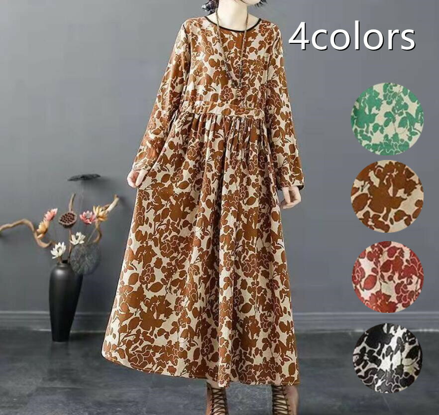 【送料無料】ワンピース レディース ロングワンピース マキシワンピース 綿麻 リネン 花柄 ロング リゾート マキシ丈 大人 きれいめ Aライン フレアワンピース 七分袖 長袖 大きいサイズ ナチュラル 森ガール 体型カバー ゆったり 春 夏 秋 シンプル カジュアルのサムネイル