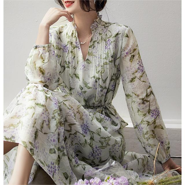 【送料無料】ワンピース 夏 レディース ロングワンピース シフォンワンピース 花柄 プリーツ リゾート ロング 膝丈 ミモレ丈 シフォン きれいめ Aライン フ...