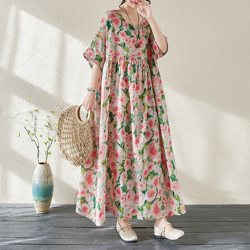 Rakuten - 【送料無料】ワンピース ロングワンピース マキシ丈 5分袖 リネン 綿麻 プリント 花柄 ボヘミアン風 カジュアル 夏 プリントドレス プラスサイズ ルーズフィット バケーションスタイル バットウィングスリーブ Aライン フレアマキシドレス　大きいサイズドレス