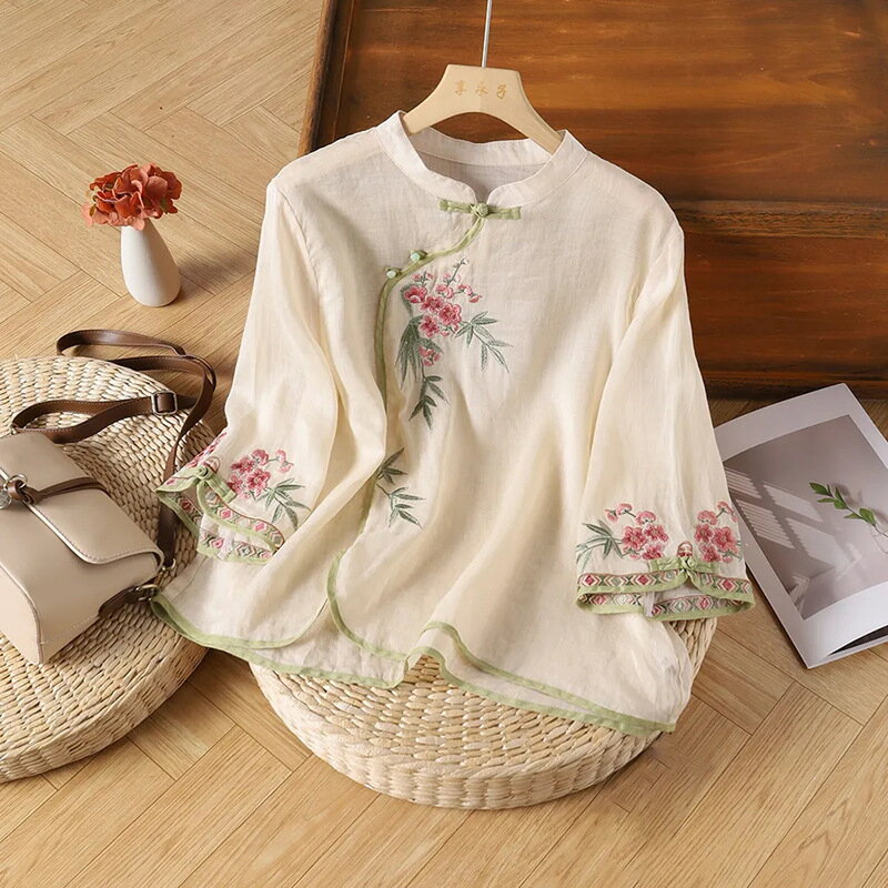 Rakuten - 【送料無料】シャツ ブラウス トップス リネンシャツ リネン 綿麻 七分袖 刺繍 麻 ゆったり Tシャツ プルオーバー 大きいサイズ オフィス ビジネス 通勤 ママ カジュアル 夏 春 秋 涼しい お洒落 体型カバー レディース