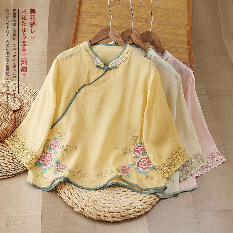 Rakuten - 【送料無料】シャツ ブラウス トップス リネンシャツ リネン 綿麻 半袖 刺繍 半袖シャツ 麻 ゆったり Tシャツ プルオーバー 大きいサイズ オフィス ビジネス 通勤 ママ カジュアル 夏 春 秋 涼しい お洒落 体型カバー レディース