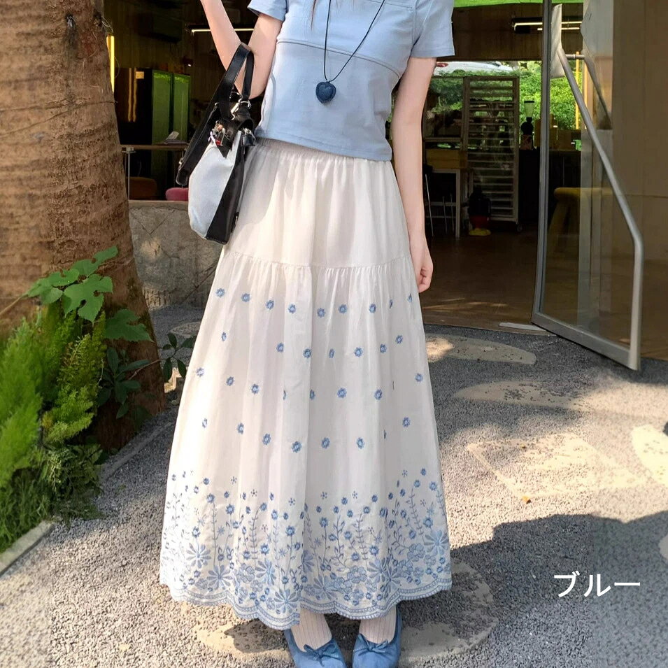 Rakuten - 【送料無料】スカート フレアスカート 刺繍 花柄 レース チュールスカート メッシュ ギャザースカート ひざ下 ミモレ丈 ひざ丈 膝下 aライン フレア 大きいサイズ 春 夏 秋 大人 パーティ 演奏会 レディース ボトムス