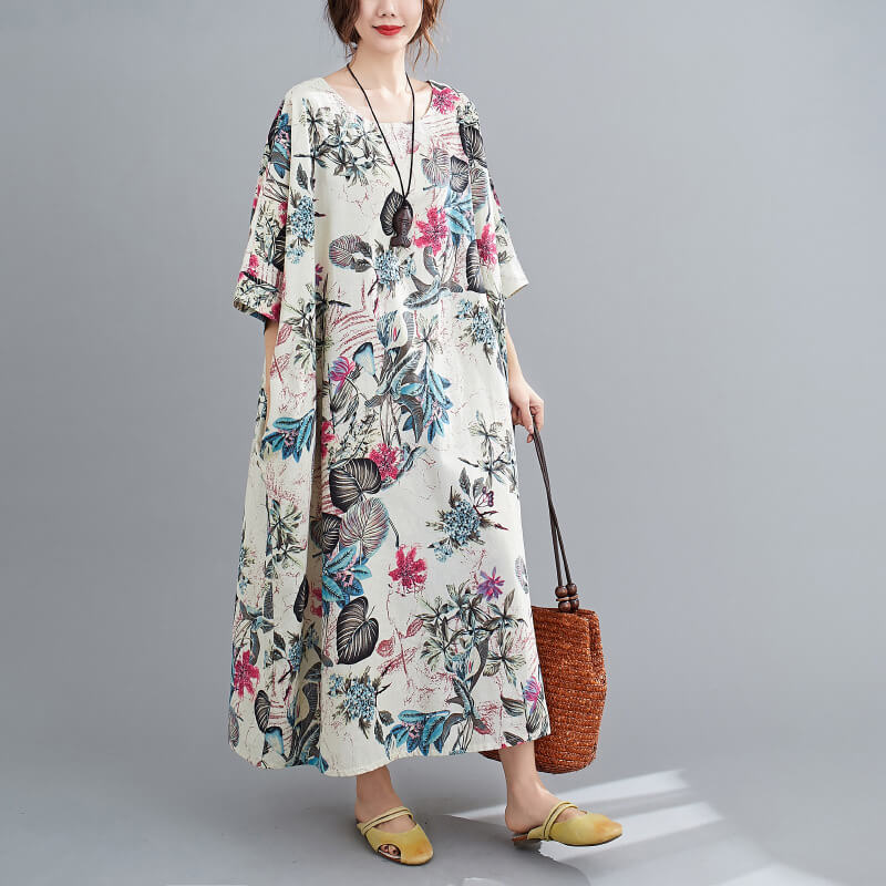 【送料無料】花柄 ワンピース ロングワンピース リネンワンピース ロング リゾート プリント マキシ丈 コットン リネン 綿麻 麻 大人 上品 きれいめ Aライン フレア 七分袖 大きいサイズ 森ガール ゆったり 体型カバー 春 夏 秋 カジュアル ナチュラル