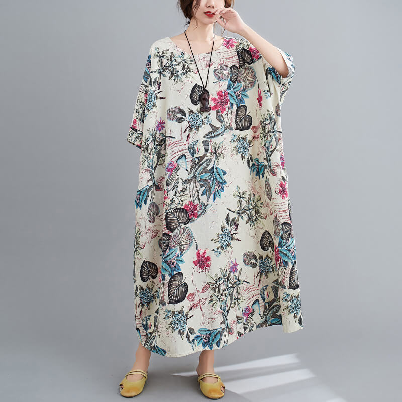 【送料無料】花柄 ワンピース ロングワンピース リネンワンピース ロング リゾート プリント マキシ丈 コットン リネン 綿麻 麻 大人 上品 きれいめ Aライン フレア 七分袖 大きいサイズ 森ガール ゆったり 体型カバー 春 夏 秋 カジュアル ナチュラル