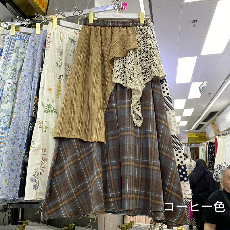 Rakuten - 【送料無料】スカート フレアスカート 森ガール 不規則チェックのミモレ丈ロングスカート 切り替え 大きいサイズ 春 夏 秋