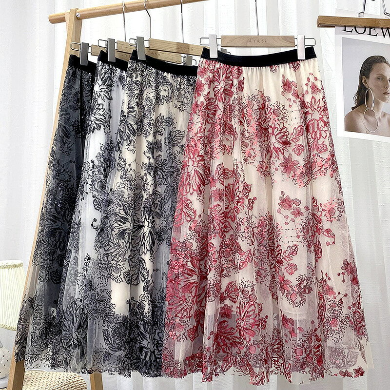 Rakuten - 【送料無料】スカート フレアスカート 刺繍 花柄 レース チュールスカート メッシュ ギャザースカート ひざ下 ミモレ丈 ひざ丈 膝下 aライン フレア 大きいサイズ 春 夏 秋 大人 パーティ 演奏会 レディース ボトムス