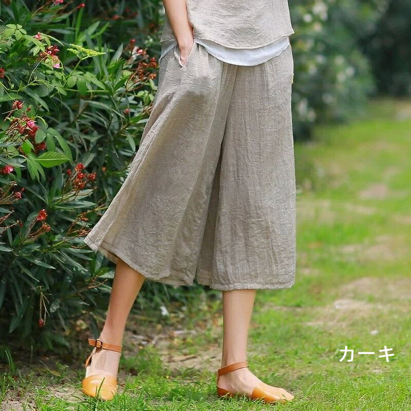 Long Pants - 【送料無料】パンツ リネンパンツ 七分丈 綿麻 ワイドパンツ ガウチョパンツ スカーチョ ズボン 体型カバー 涼しい リラックス ゆったり 大きいサイズ カジュアル 夏用 春 夏 秋 きれいめ 涼しい レディース ボトムス ワイド