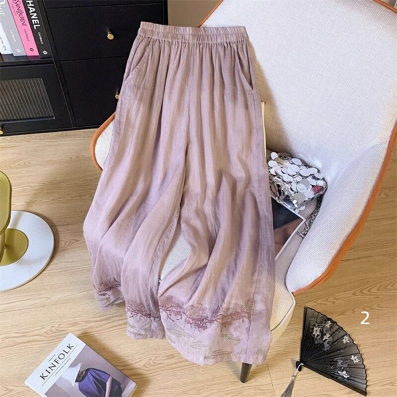 Rakuten - 【送料無料】パンツ リネンパンツ 綿麻 刺繍 ワイドパンツ ガウチョパンツ スカーチョ ズボン 体型カバー 涼しい リラックス ゆったり 大きいサイズ カジュアル 夏用 春 夏 秋 きれいめ 涼しい レディース ボトムス