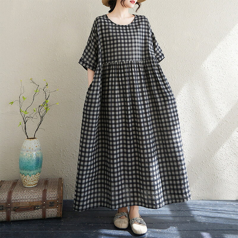 Rakuten - 【大きいサイズ】プラスサイズ - 夏 ボヘミアン チェック柄 プリント ワンピース プラスサイズ ゆったり カジュアル バケーション スタイル 半袖 Aライン フレア マキシワンピース ポケット付き