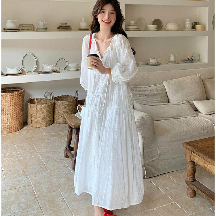樂天商城 - 【送料無料】刺繍ワンピース ワンピース ロングワンピース 膝下 無地 長袖 Aライン フレア 春 夏 秋 冬 大きいサイズ 大人 仕事 通勤 フォーマル ゆったり カジュアル ビジネス デイリー リゾート レディース 着痩せ 体型カバー 韓国風