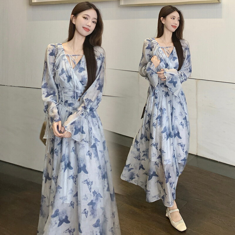 Rakuten - 【送料無料】ワンピース フレアワンピース ロングワンピース 長袖 マキシ丈 Vネック 花柄 シフォン レディース オフィス カジュアル 通勤 春 夏 春夏 春物